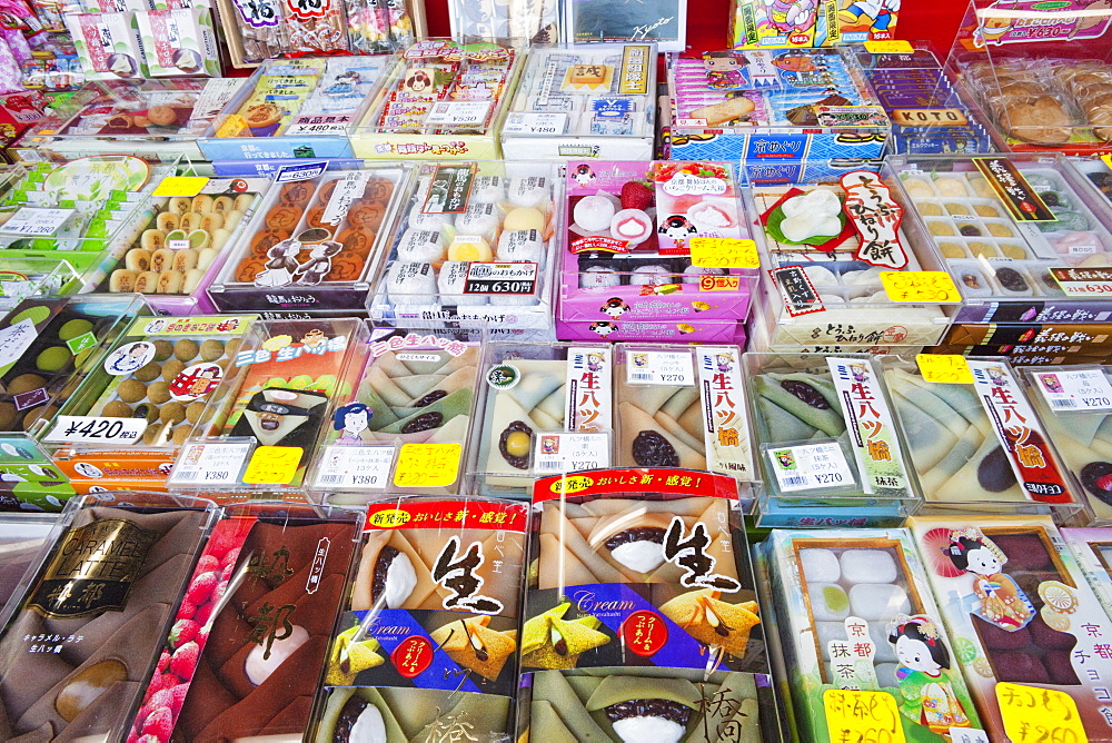 Shop display of tradiitional Japanese cakes and cookies, Higashiyama, Kyoto, Japan, Asia