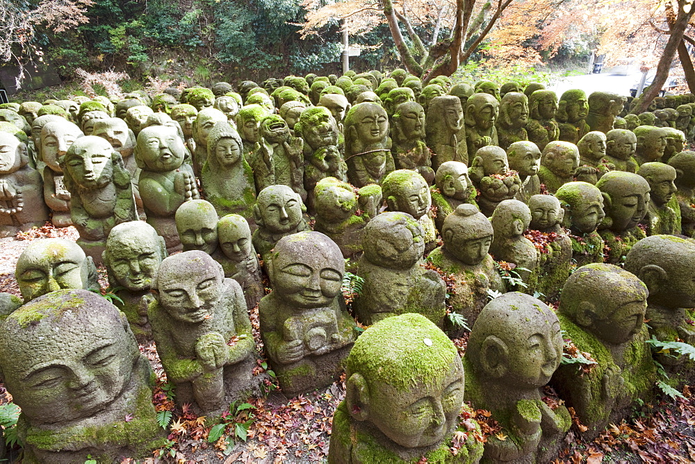 Carved stone figures of Rakan, disciples of Shaka the founder of Buddhism, Otagi Nembutsu-ji Temple, Arashiyama, Kyoto, Japan, Asia