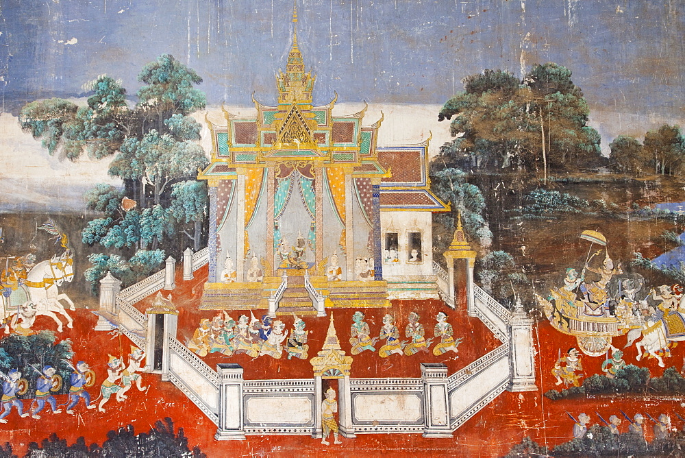 Ramayana wall frescoes in the compound of the Silver Pagoda, Royal Palace, Phnom Penh, Cambodia, Indochina, Southeast Asia, Asia