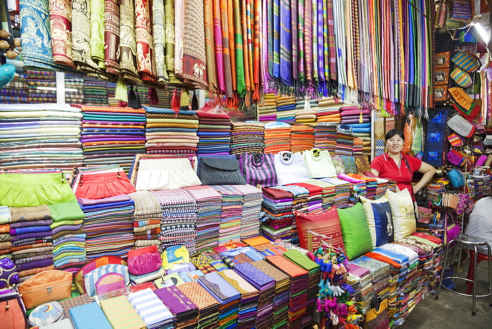 Material and silk shop, Russian Market, Phnom Penh, Cambodia, Indochina, Southeast Asia, Asia