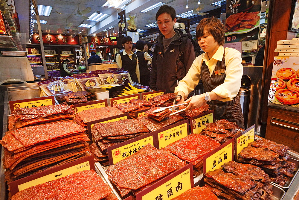 Shop display of pressed meat, a speciality of Macau, Macau, China, Asia