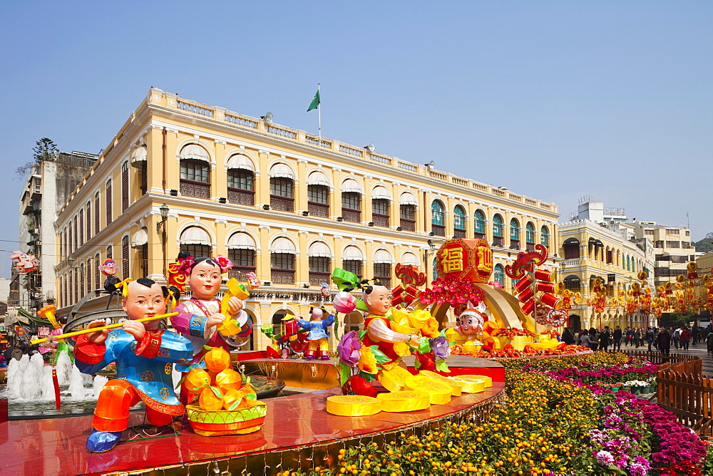 Senado Square with display of Chinese New Year decorations, Macau, China, Asia