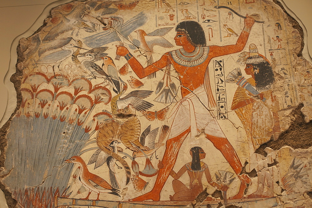 Wall painting of Nebamun hunting in the marshes from Nebamun's Tomb Chapel in Thebes dating from 1350 BC,  British Museum, Bloomsbury, London, England, United Kingdom, Europe