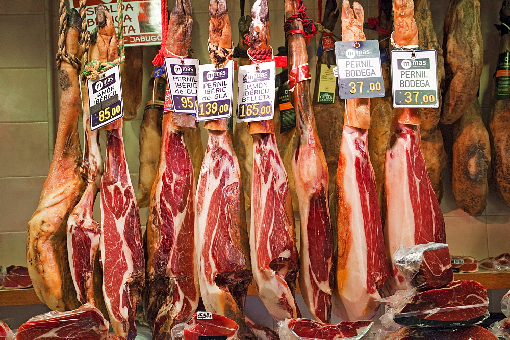 Spanish hams, La Boqueria Market, The Ramblas, Barcelona, Catalonia, Spain, Europe