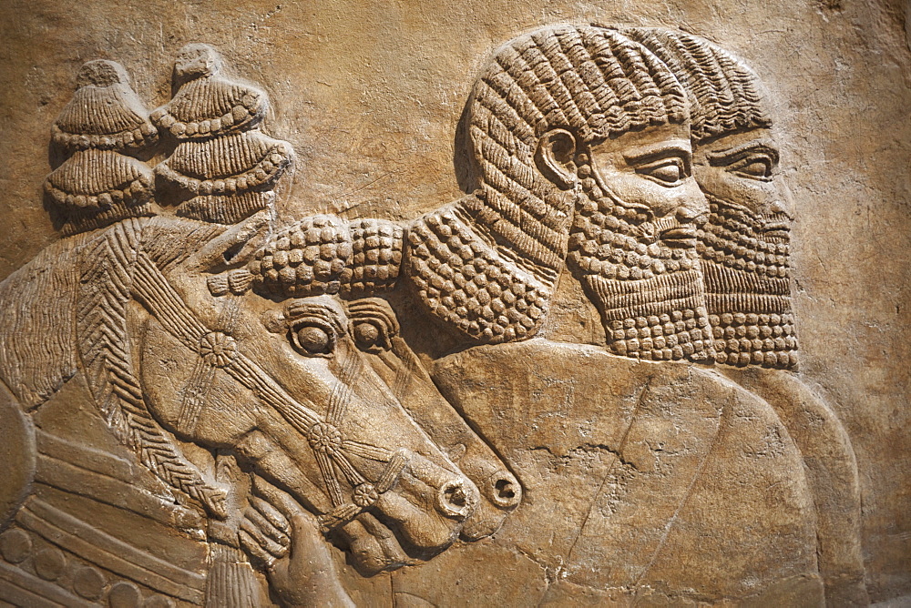 Assyrian relief from Nimrud showing horses and horsemen of the royal chariot dating from 725 BC, British Museum, Bloomsbury, London, England, United Kingdom, Europe