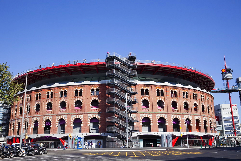 Exterior of the converted Bullring known as Las Arenas Shopping Centre at Placa Espanya, Barcelona, Catalonia, Spain, Europe