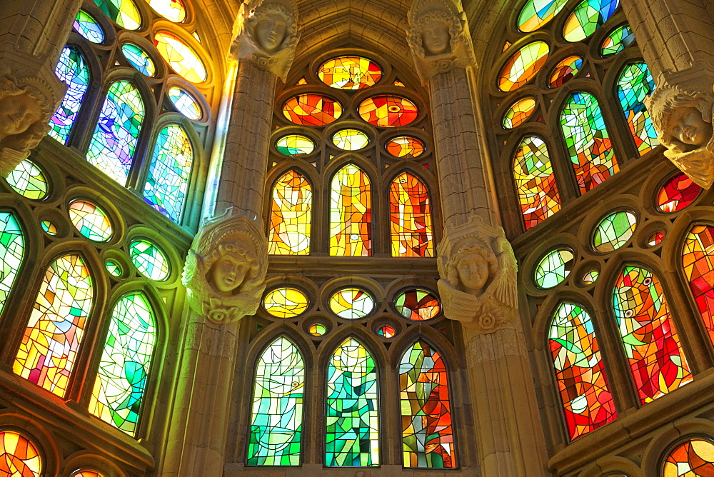 Stained glass windows, Sagrada Familia, UNESCO World Heritage Site, Barcelona, Catalonia, Spain, Europe