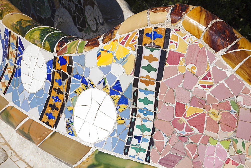 Mosaic detail of the Terrace seats, Guell Park, UNESCO World Heritage Site, Barcelona, Catalonia, Spain, Europe