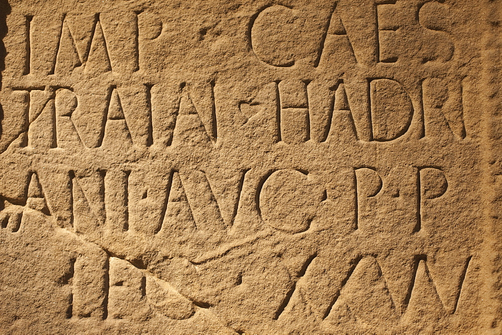 Detail of writing on Roman plinth from Moresby near Hadrians Wall in Cumbria, British Museum, Bloomsbury, London, England, United Kingdom, Europe