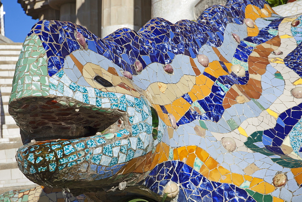 Mosaic Dragon Fountain, Guell Park, UNESCO World Heritage Site, Barcelona, Catalonia, Spain, Europe