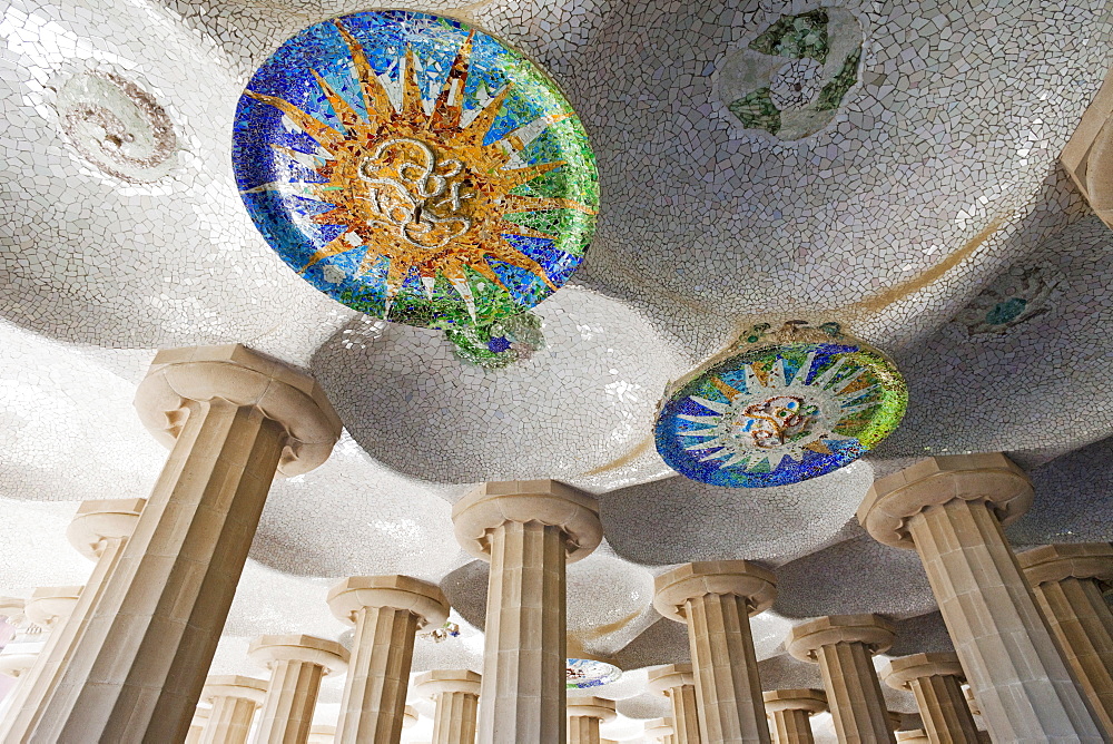 Ceiling detail in the Hall of Columns, Guell Park, UNESCO World Heritage Site, Barcelona, Catalonia, Spain, Europe