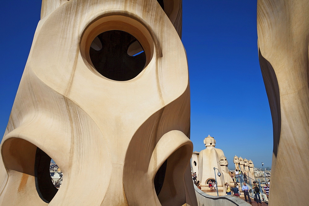 Rooftop chimneys, Casa Mila (La Pedrera), UNESCO World Heritage Site, Barcelona, Catalonia, Spain, Europe