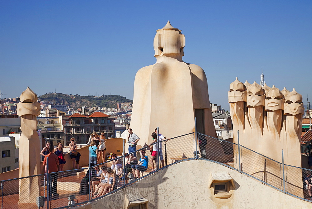 Rooftop chimneys, Casa Mila (La Pedrera), UNESCO World Heritage Site, Barcelona, Catalonia, Spain, Europe