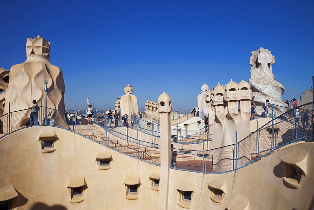 Rooftop chimneys, Casa Mila (La Pedrera), UNESCO World Heritage Site, Barcelona, Catalonia, Spain, Europe