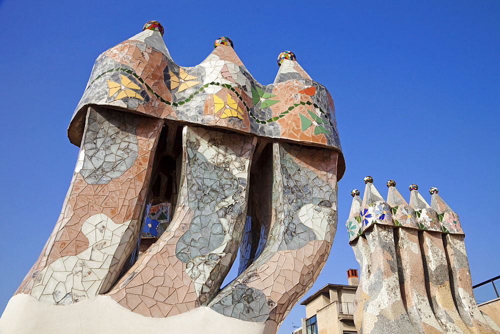 Rooftop chimneys, Casa Batllo, UNESCO World Heritage Site, Barcelona, Catalonia, Spain, Europe