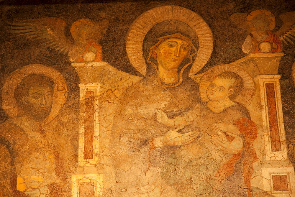 Early Christian mural depicting Madonna with baby Jesus, Temple of Romulus, The Forum, Rome, Lazio, Italy, Europe