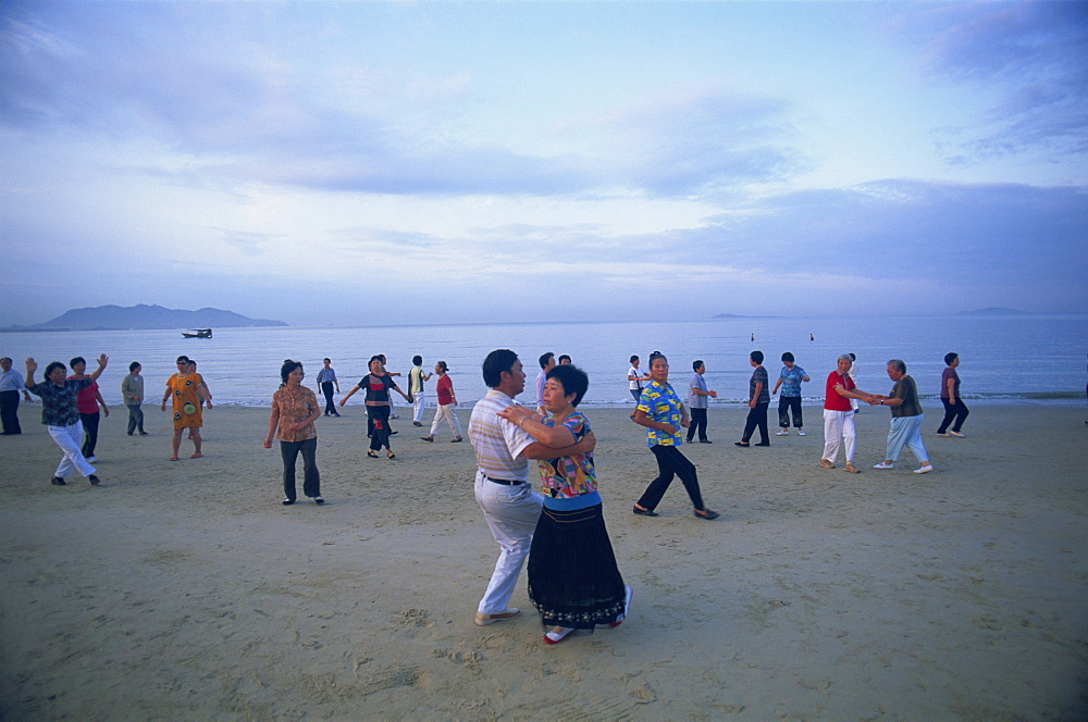 Early morning dance classes, Sanya Beach, Sanya, Hainan Island, China, Asia