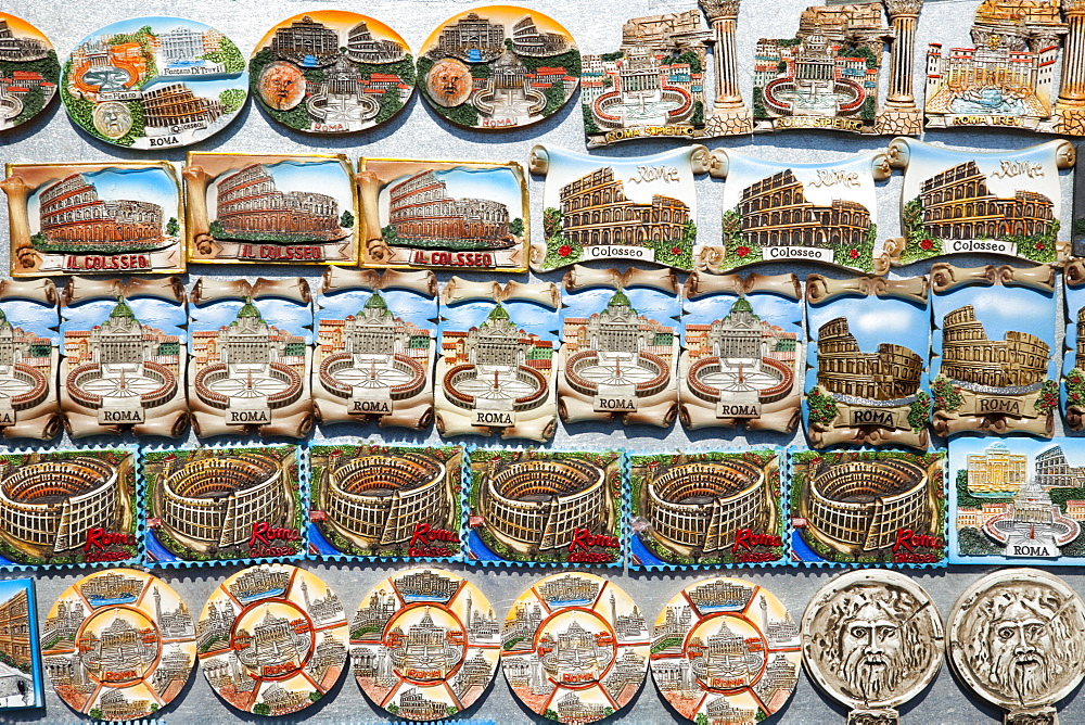 Display of fridge magnets on souvenir stall, Rome, Lazio, Italy, Europe