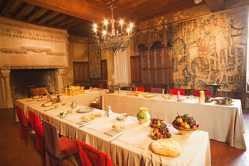 Dining room, Langeais Castle, Loire Valley, France, Europe