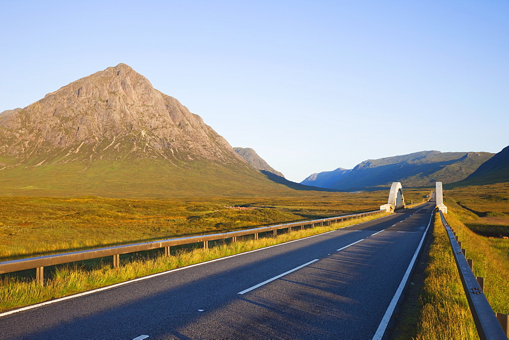 Empty road and Buchaille Etive Mor, Glen Coe, Highlands, Scotland, United Kingdom, Europe