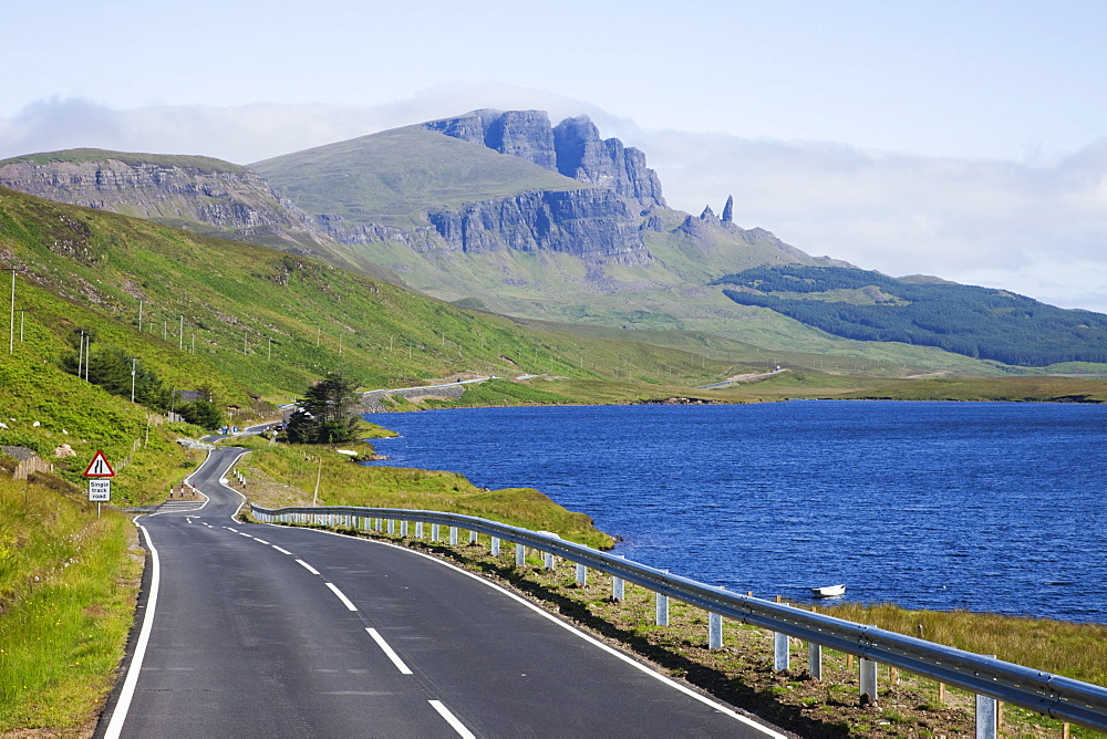 Road and Old Man of Storr mountain, Trotternish Peninsula, Isle of Skye, Inner Hebrides, Scotland, United Kingdom, Europe