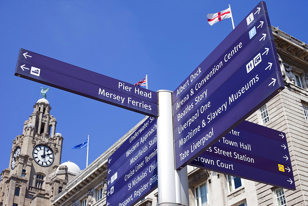 Street signpost, Pier Head, Liverpool, Merseyside, England, United Kingdom, Europe