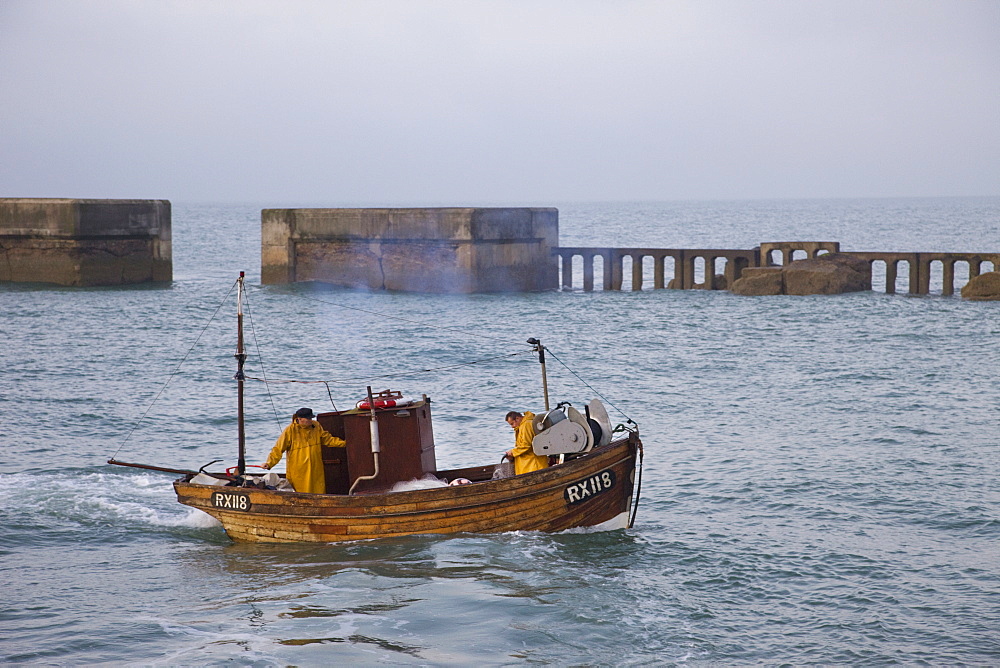 Fishing boat at sea, Hastings, East Sussex, England, United Kingdom, Europe