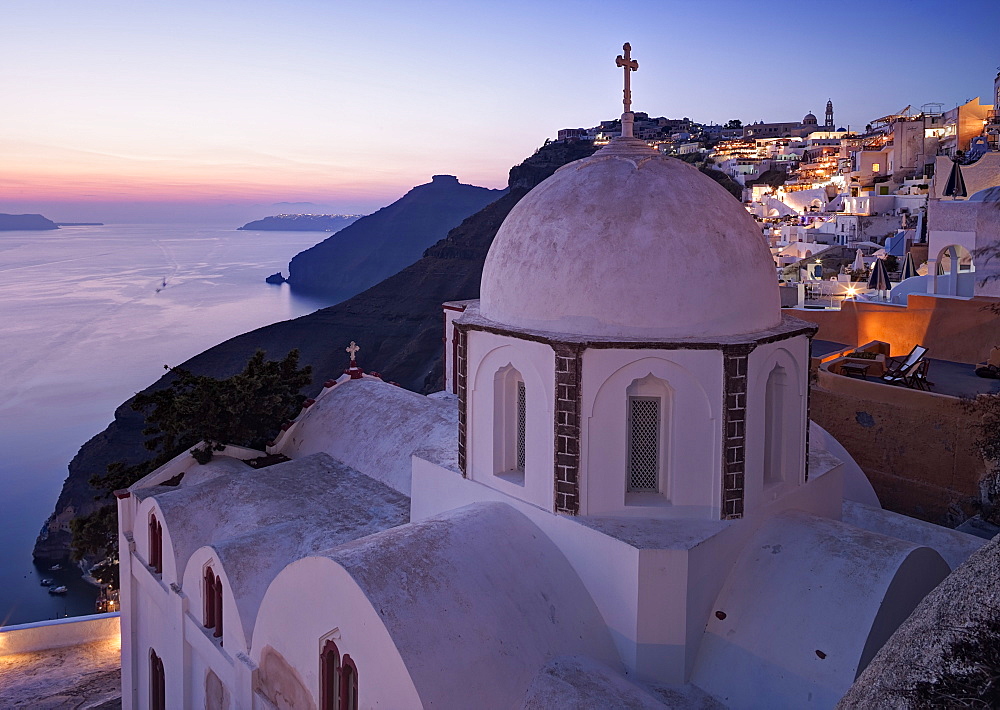 Dusk over a small church at the south of Thira in Santorini, Cyclades, Greek Islands, Greece, Europe