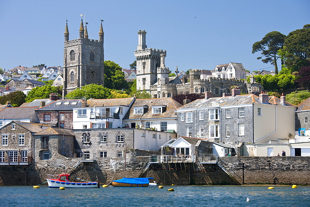 The town of Fowey, seen from the River Fowey in Cornwall, England, United Kingdom, Europe