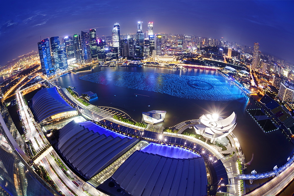 The remarkable city skyline of the Central Business District as viewed from the Marina Bay Sands Skypark in Singapore, Southeast Asia, Asia