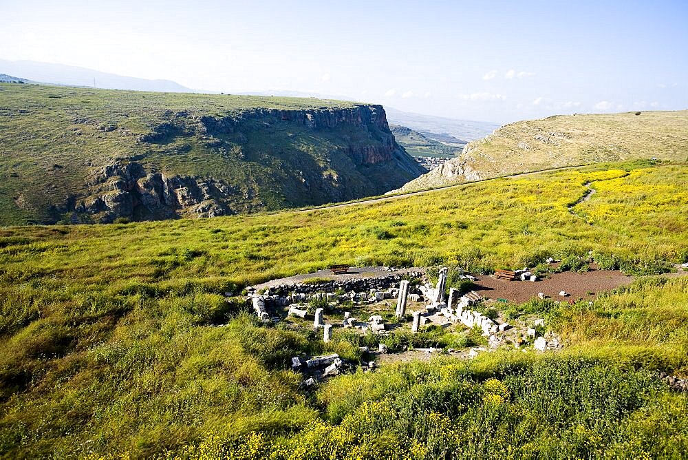 Aerial ruins of the Arbel synagogue on mount Arbel, Israel