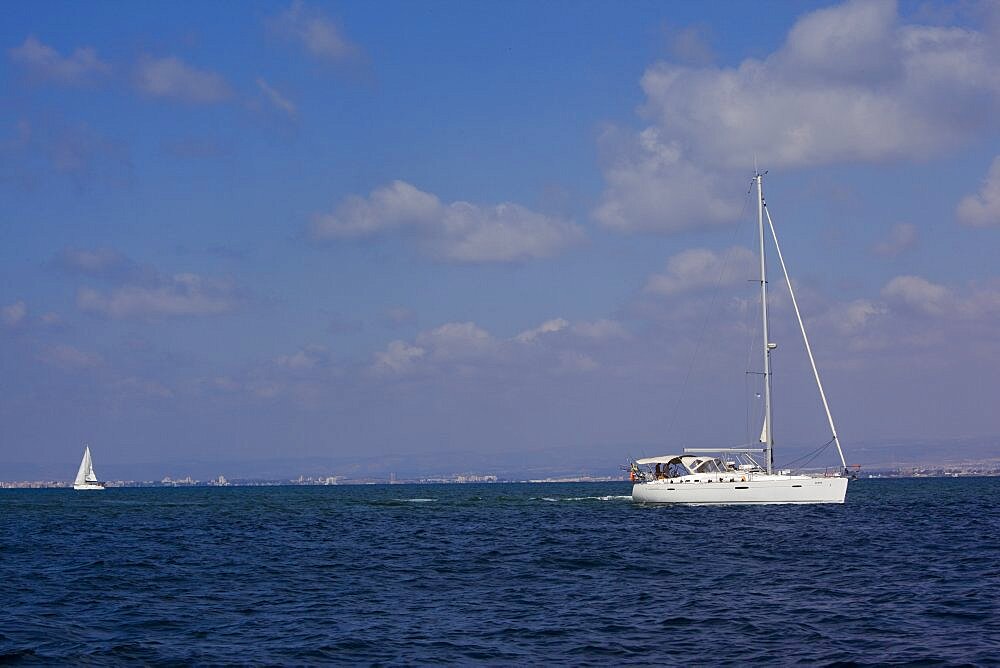 Sail boat entering the port of Haifa, Israel