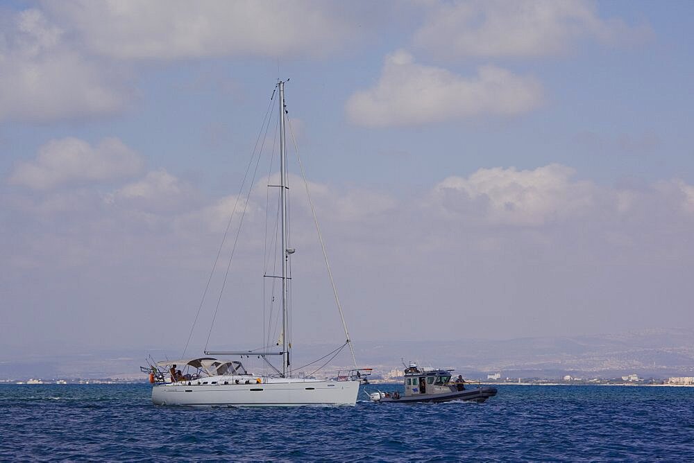 Sail boat entering the port of Haifa, Israel