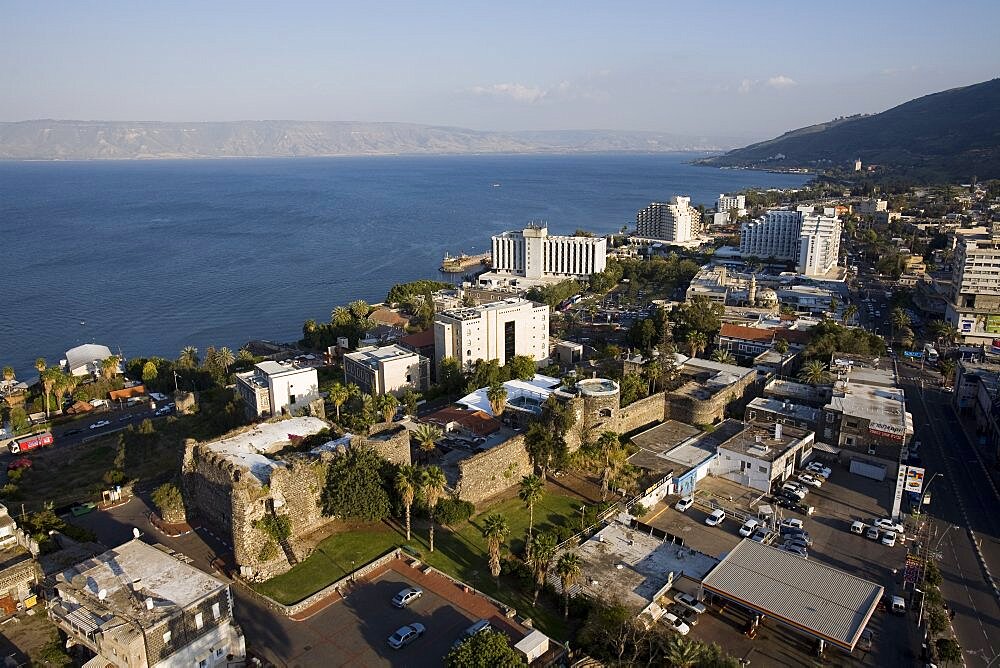 Aerial photograph of 18th century fortress in the modern city of Tiberias in the Sea of Galilee, Israel