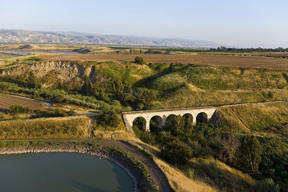 Aerial photograph of an Historic Turkish bridge in the Jurdan valley, Israel