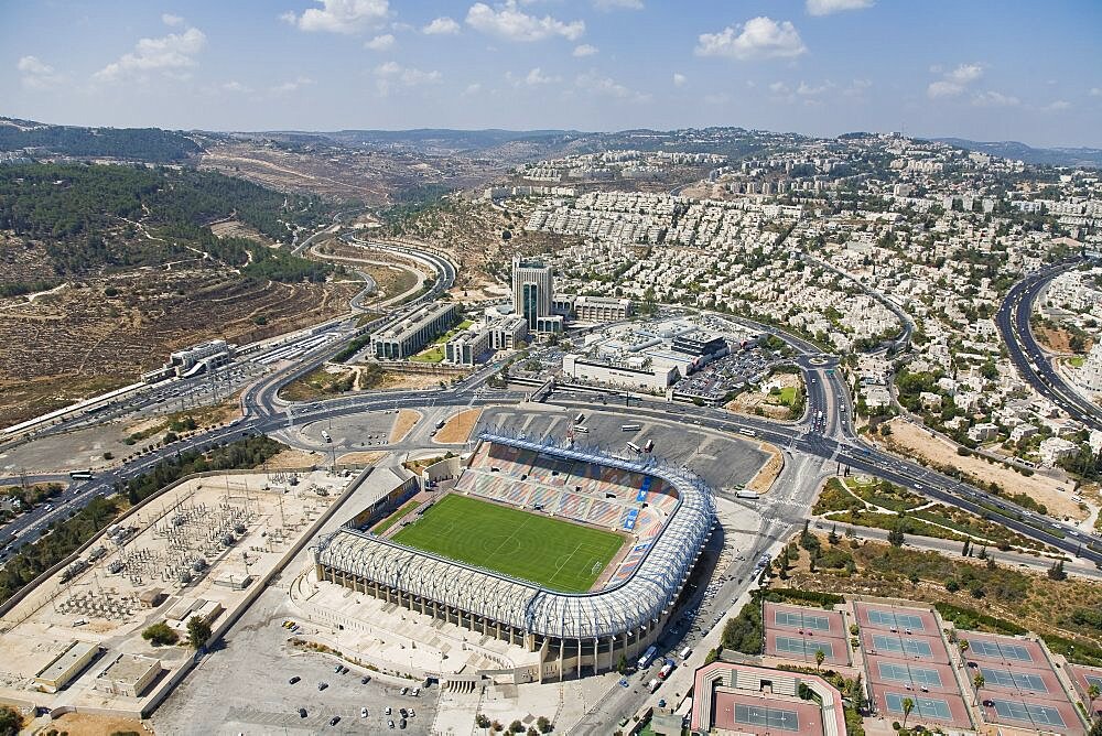 Aerial photograph of Teddy stadium in western Jerusalem, Israel