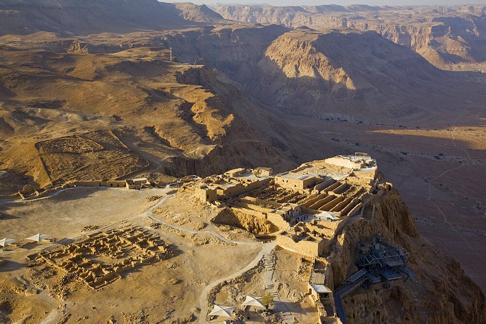 Aerial archeologic site of Masada in the Judean Desert, Israel