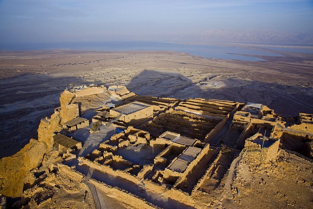 Aerial archeologic site of Masada in the Judean Desert, Israel