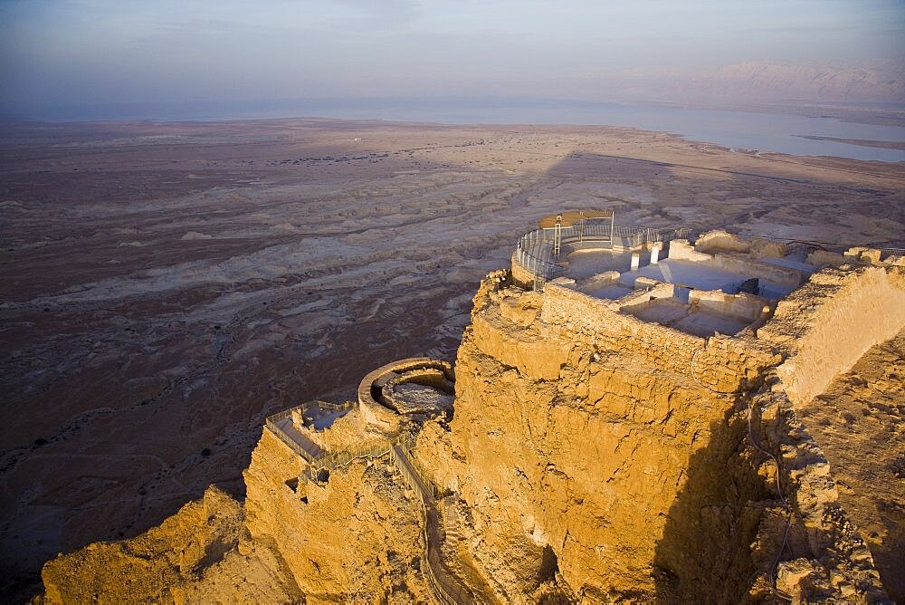 Aerial northern palace of the Jewish fortress of Masada rebuilt by Herod between 37 to 31 BC, Israel