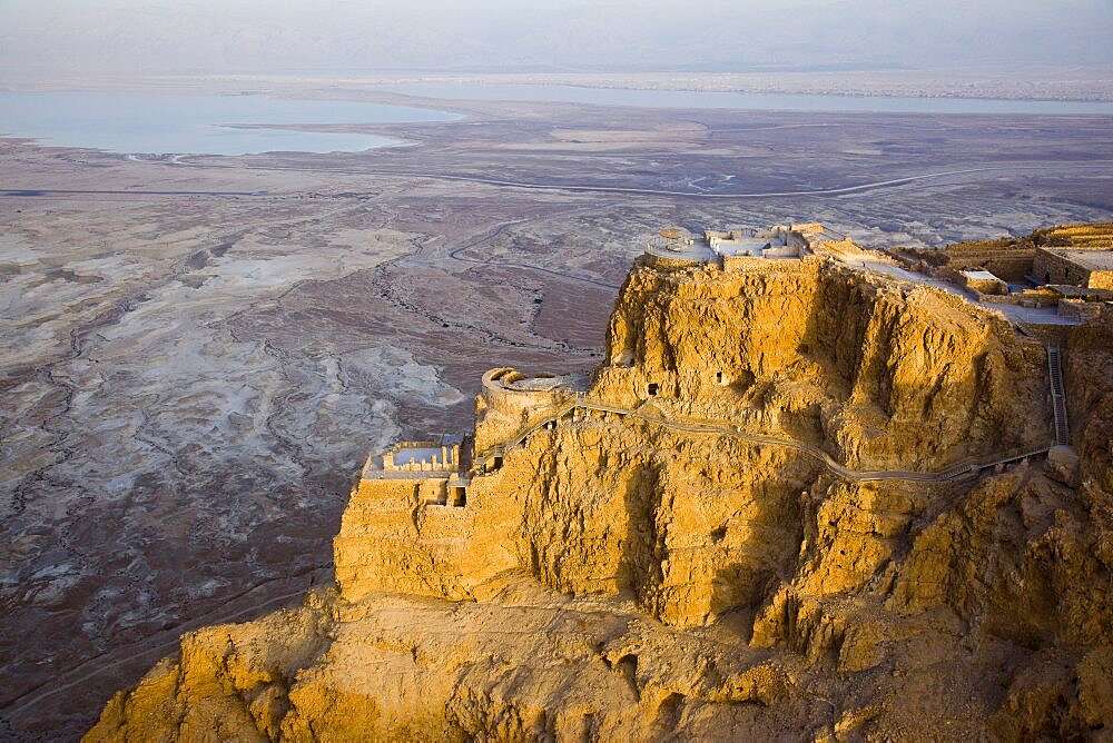 Aerial northern palace of the Jewish fortress of Masada rebuilt by Herod between 37 to 31 BC, Israel