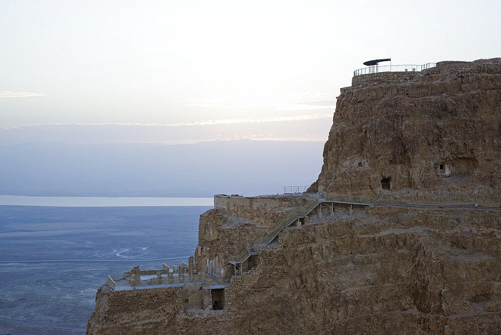 Aerial Northern palace of the archeologic site of Masada dated back to Herod the Great between 37 to 4 BC, Israel