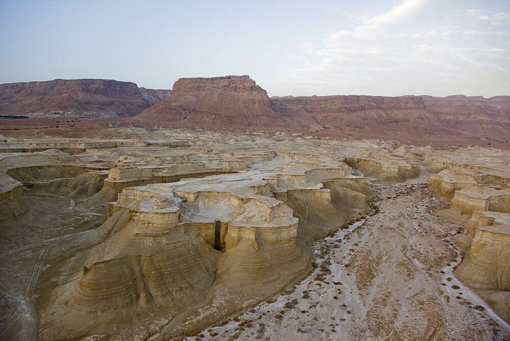 Low altitude view of the archeologic site of Masada in the Judean desert, Israel