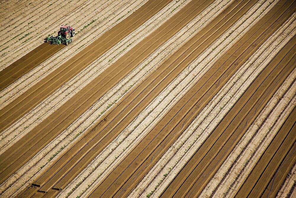 Aerial photograph of a tractor plowing a field in the northern Negev