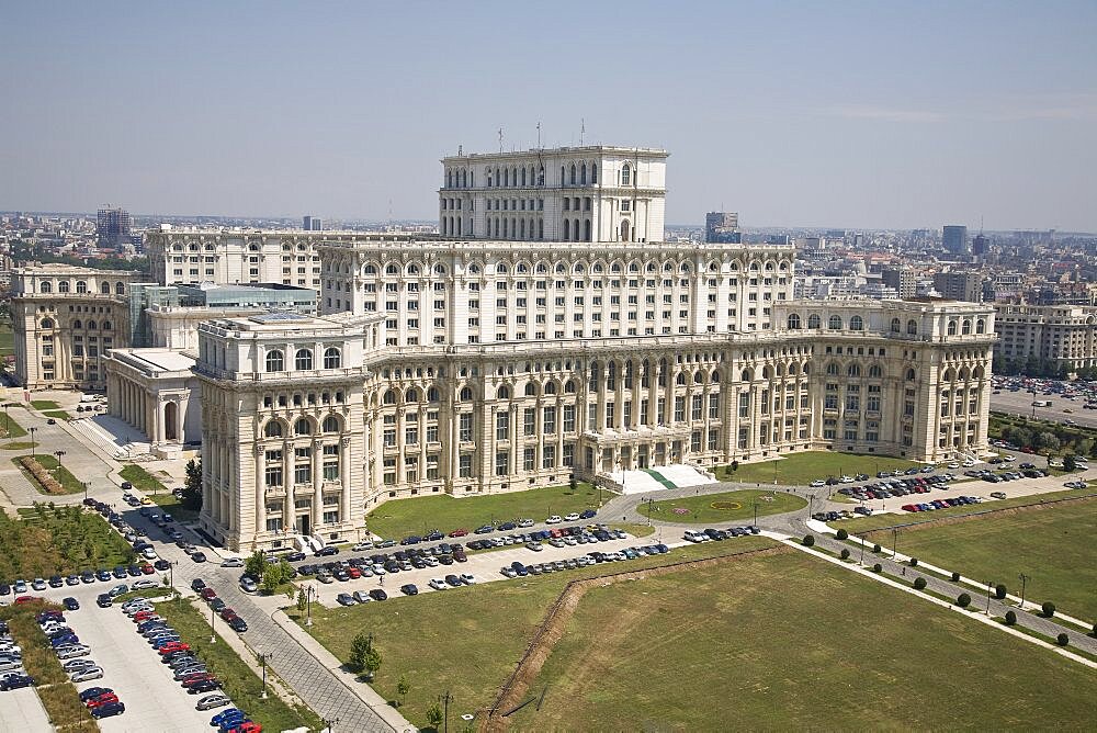 Aerial Romanian Palace of Parliament in the city of Bucharest, Romania