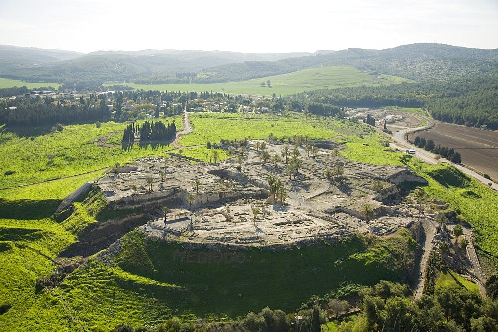 Aerial archeology site of mound Megidoin the Jezreel valley, Israel