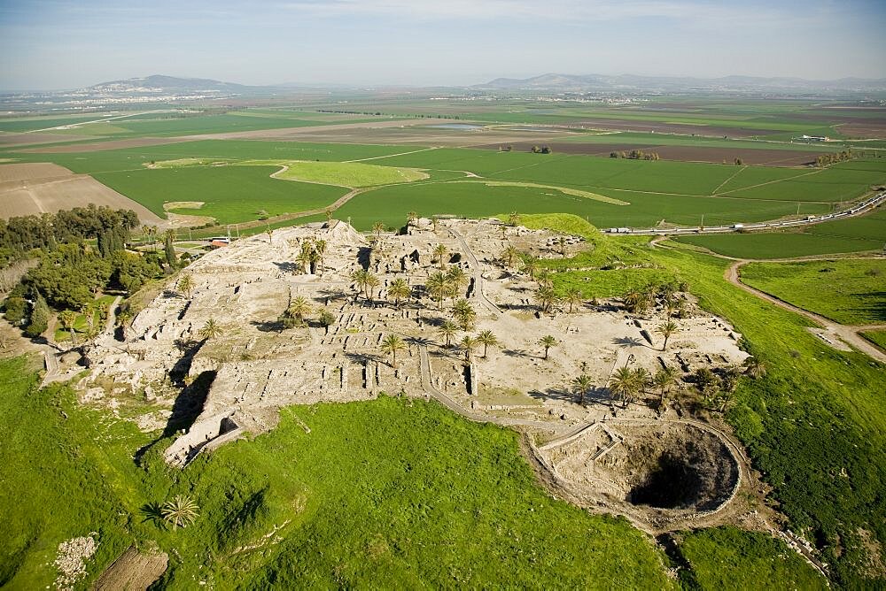 Aerial Megido mound in the Jezreel valley, Israel