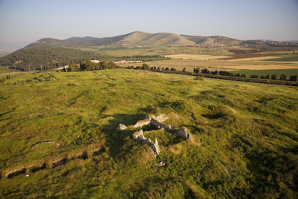 Aerial ruins of the mound of Jezreel in the Jezreel valley, Israel