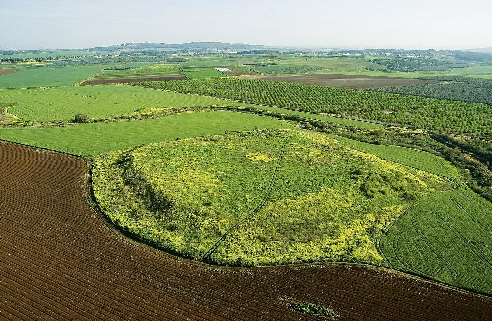 Aerial view of the mound of Batash in the plain, Israel