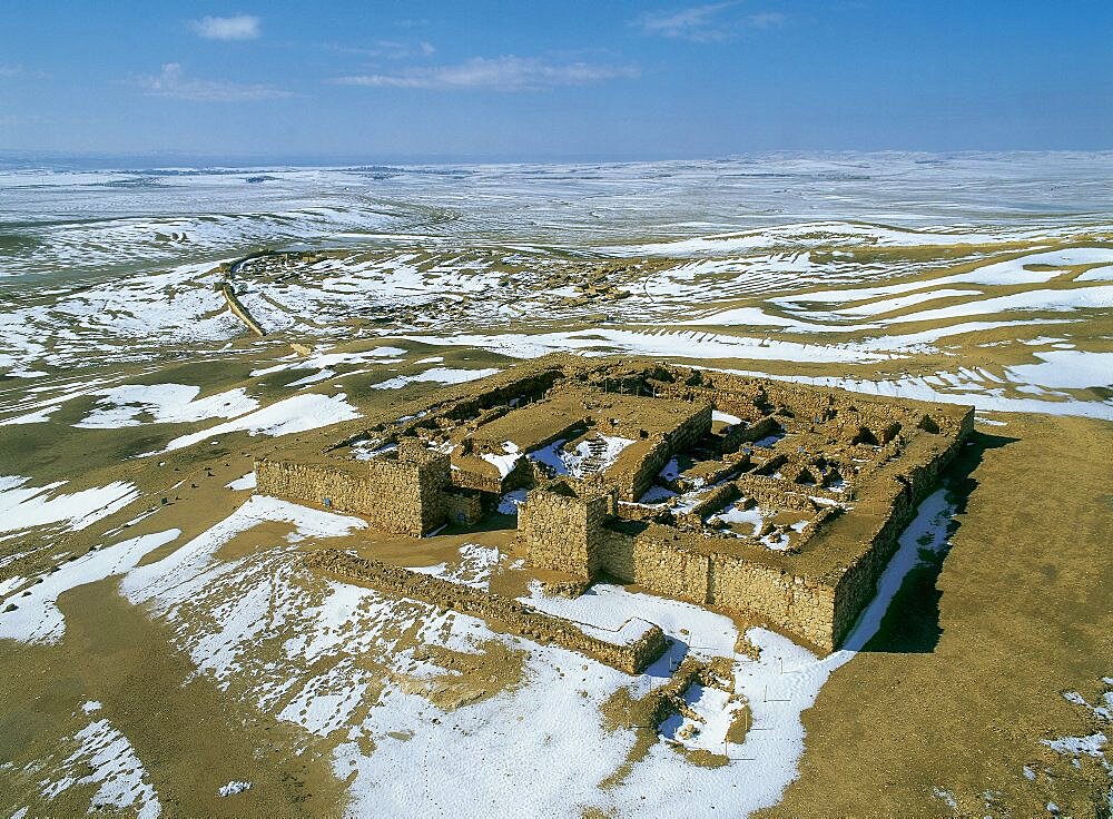 Aerial view of the biblical city of Arad in the northern Negev in the winter after snow, Israel