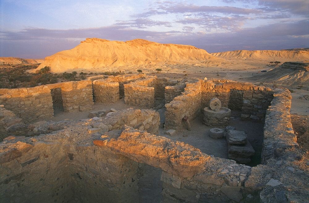 View of the Nabateans city of Moa at sunset, Israel